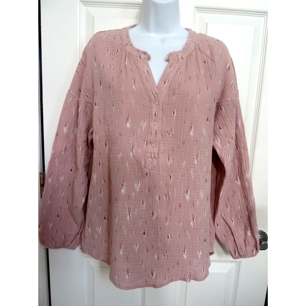 Wonderly Pink Gauzy Raw Edge Snap Front Blouse Pullover LGM10195BK Large